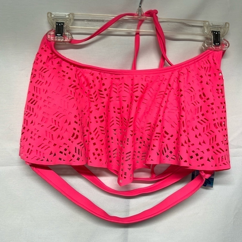RUE BLEU Coral Pink Swim Top Only Ruffle Cutout Strappy Bikini Top Size XL
